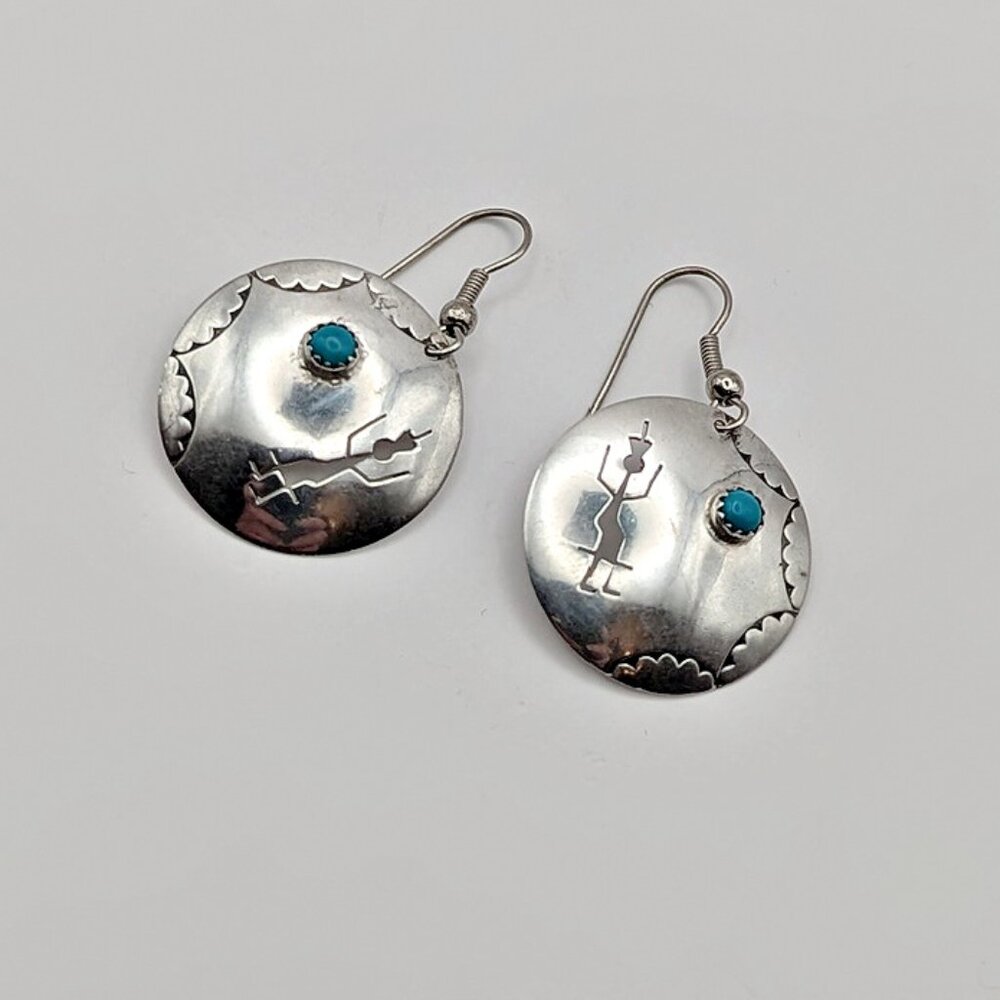Kokopelli Sterling Earrings - Vintage Navajo Earrings - Turquoise Kokopelli